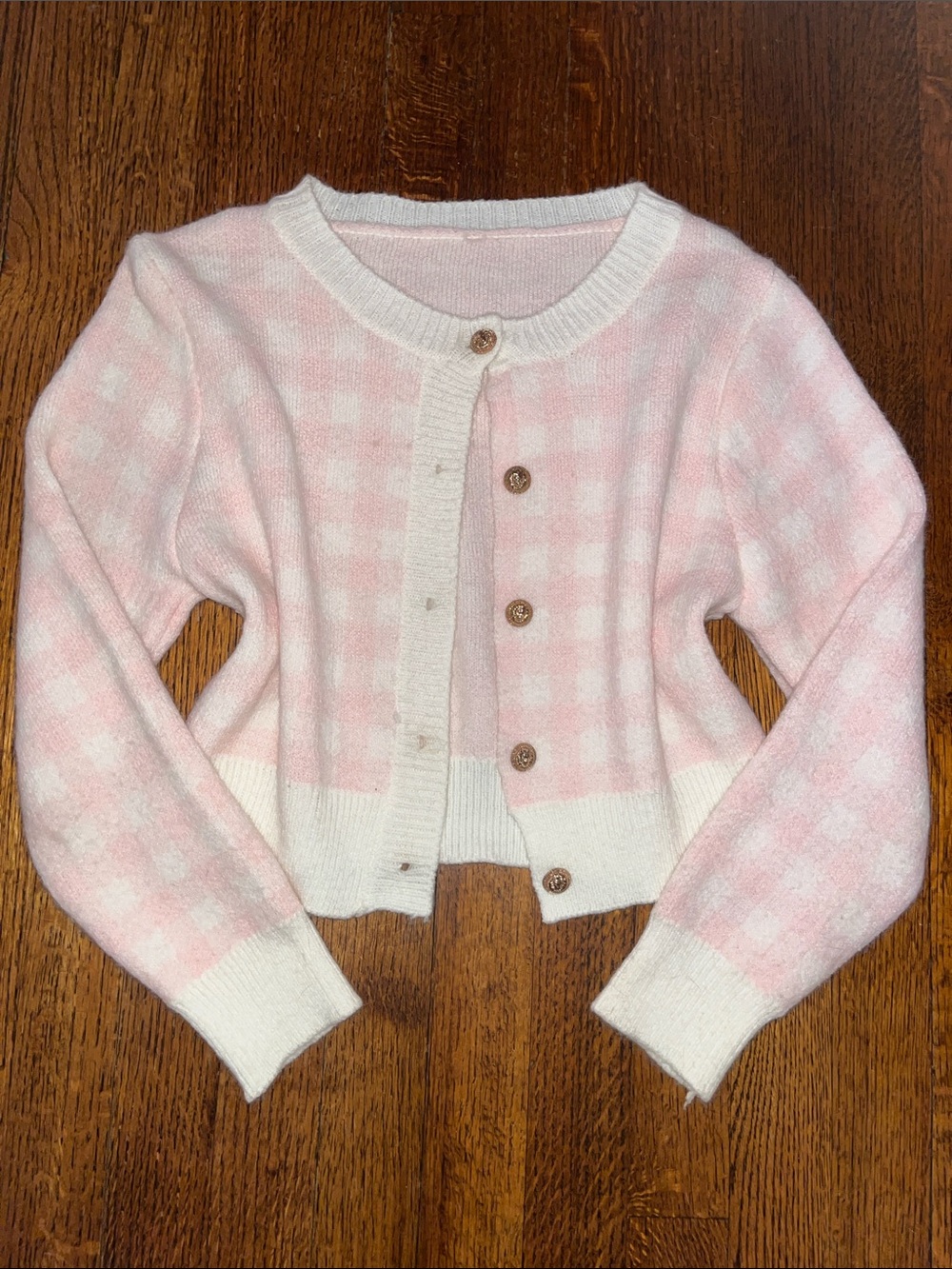 Soft Pink Gingham Cropped Cardigan with Gold Lion Buttons